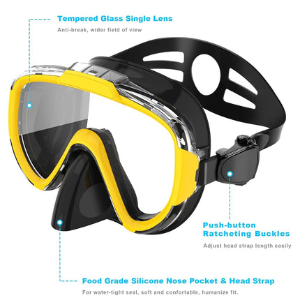 Snorkel Set, Dry Top Snorkeling Gear for Adults, Panoramic Anti-Leak and Anti-Fog Tempered Glass Lens, Adults Adjustable Snorkeling Set, Scuba Diving Swimming Training Snorkel Kit with Mesh Bag