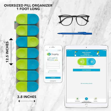 Sagely Smart Xl Weekly Pill Organizer - Sleek Am/Pm Twice A Day Pill Box With Free Smartphone Reminder App And 7 Day Travel Containers (Large Enough To Fit Fish Oil And Vitamin D) (Blue/Green)