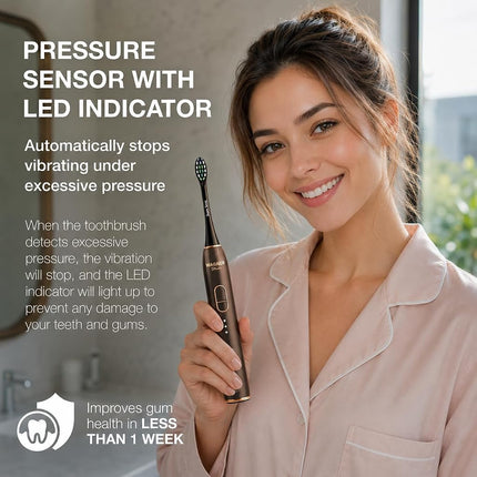 Wagner Stern IntelliBrush Series Whitening Electric Toothbrush with Pressure Sensor. Offers 4 Brushing Modes, 3 intensities, 8 Soft Brush Heads, and a Luxury Travel case.