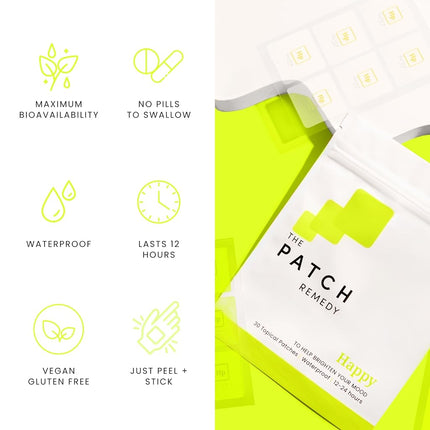 The Patch Remedy Happy Patch | 5‑HTP, L‑Theanine, Rhodiola, Inositol, Vitamin B6 & D3 | 30 Patches