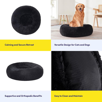 Dog & Cat Bed: Round Faux Fur Pet Bed - Plush, Cozy, & Calming Donut Bed for Small Pets - Soft & Comfortable Sleeping Cushion for Napping & Lounging, 20" Round, Black