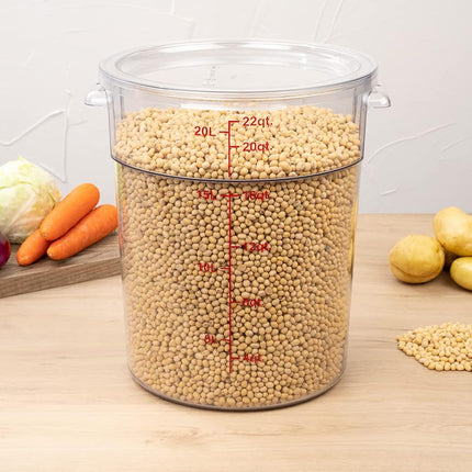 Restaurantware-Met Lux 22 Quart Food Storage Container, 1 Round Commercial Storage Container - Lid Sold Separately, with Volume Markers, Clear Plastic Food Prep Bucket, Space-Saving Storage