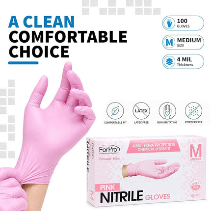 ForPro Disposable Nitrile Gloves, Chemical Resistant, Powder-Free, Latex-Free, Non-Sterile, Food Safe, 4 Mil, Pink, Medium, 100-Count