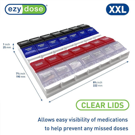 Pilulier hebdomadaire EZY DOSE (7 jours), conteneur de vitamines et organisateur de médicaments quotidiens, 2 compartiments à boutons, facile à utiliser pour les personnes souffrant d'arthrite, 4 fois par jour