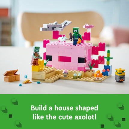 LEGO Minecraft 21247 El set de construcción La casa del ajolote, aventuras creativas en una colorida base submarina, incluye un explorador buzo, un delfín, un ahogado y más, juguete de Minecraft para