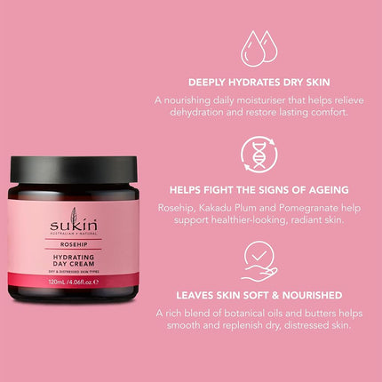 Sukin Rosehip Hydrating Day Cream 120ml - high in Vitamin C & Antioxidants; cruelty free & vegan friendly - help relieve dehydrated skin and prevent premature ageing.