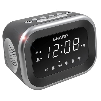 Reloj despertador muy ruidoso Sharp Big Bang para personas con sueño pesado, 6 sonidos de alarma extremadamente fuertes: Gallo, Corneta, Mamá regañona, Martillo neumático, Sirena, Pitido – Volumen de hasta 115db, Plata/Negro con pantalla LED blanca