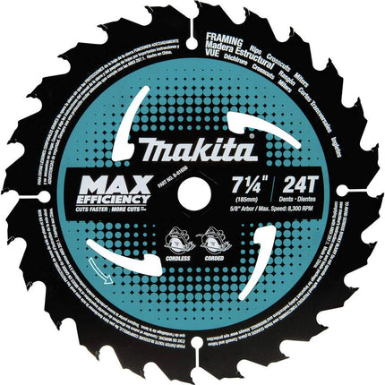 Makita B-61656-10 Lame de scie circulaire avec pointes au carbure 24T, efficacité maximale, pour charpente, 7-1/4 po