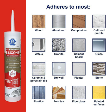 GE Advanced Silicone Caulk for Kitchen & Bathroom, Clear, 10 fl oz Cartridge, 1 Pack - 100% Waterproof Silicone Sealant, 5X Stronger Adhesion, Shrink & Crack Proof