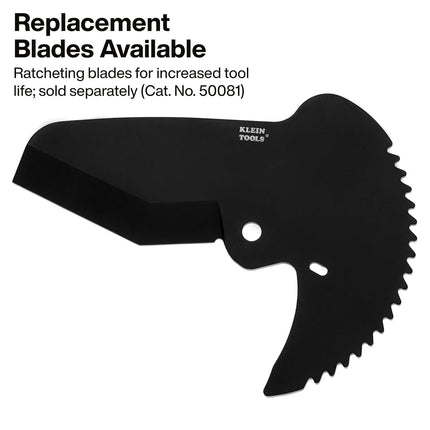 Klein Tools 50080 Ratcheting PVC Pipe Cutter, Cuts 2-Inch ID PVC, CPVC, PEX Pipes, One-Handed Operation, Replaceable Blades