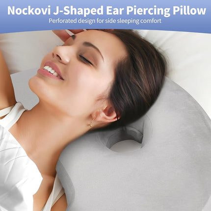 Nockovi 4" Hole Piercing Pillow for Side Sleepers (Pillow with Grey Velvet Pillowcase, J-Shape)