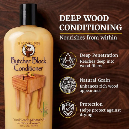 HOWARD PRODUCTS BBC012 Superior Food Grade Butcher Block Conditioner for Wooden Utensils and Cookware, 355ml - Rich Blend of Mineral Oil and Natural Waxes, Safe and Non-Toxic, Made in the USA