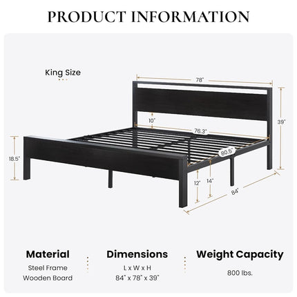 SHA CERLIN 14 Inch King Size Metal Platform Bed Frame with Wooden Headboard and Footboard, Mattress Foundation, No Box Spring Needed, Large Under Bed Storage,Black Oak