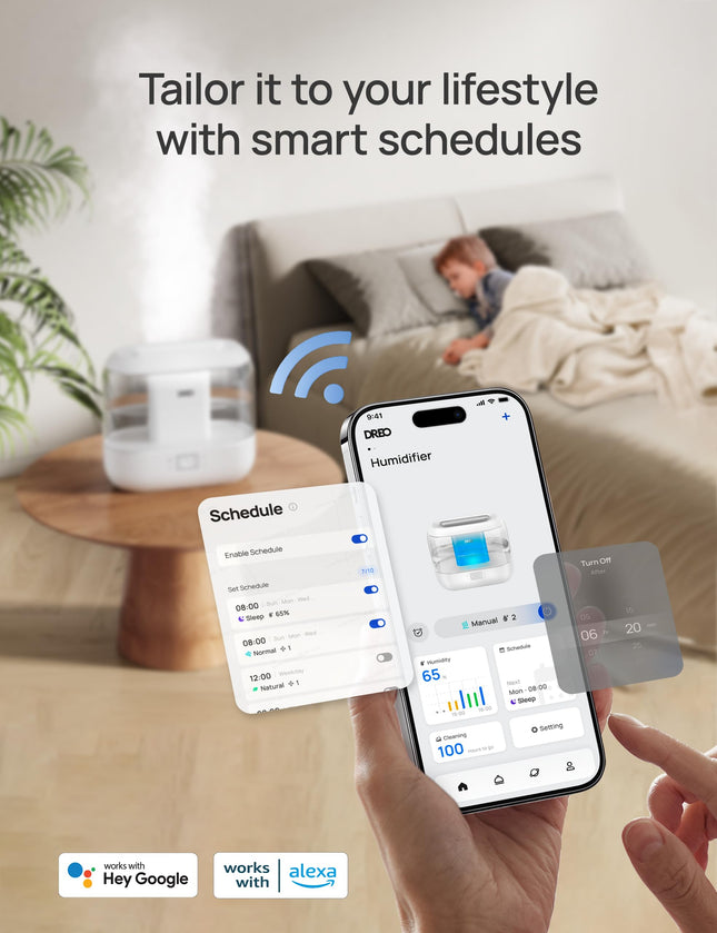 DREO 4L Smart Humidifiers for Bedroom, Top Fill Quiet Cool Mist Humidifier for Baby Large Room, Ultrasonic with Oil Diffuser, Nightlight, Auto, 32H Runtime for Home, Nursery, Plants, Works with Alexa