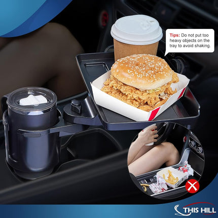 This Hill Cup Holder Tray for Car, 2 in 1 Detachable Car Food Table Tray with Solid Base & Phone Slot,Car Cup Holder Expander with 360°Rotation Tray for Travel Road Essentials
