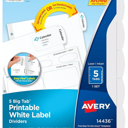 Avery Big Tab Printable White Label Dividers with Easy Peel, 5 Tabs, 1 Set (14436)