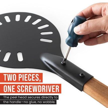 Chef Pomodoro Black Perforated Metal Pizza Peel 12-inch with Foldable Wood Handle for Easy Storage and 8-inch Aluminum Turning Pizza Peel with Detachable Wood Handle