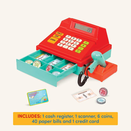 Battat Toy Cash Register with Scanner, 49 Pieces, Red Calculator, Playset