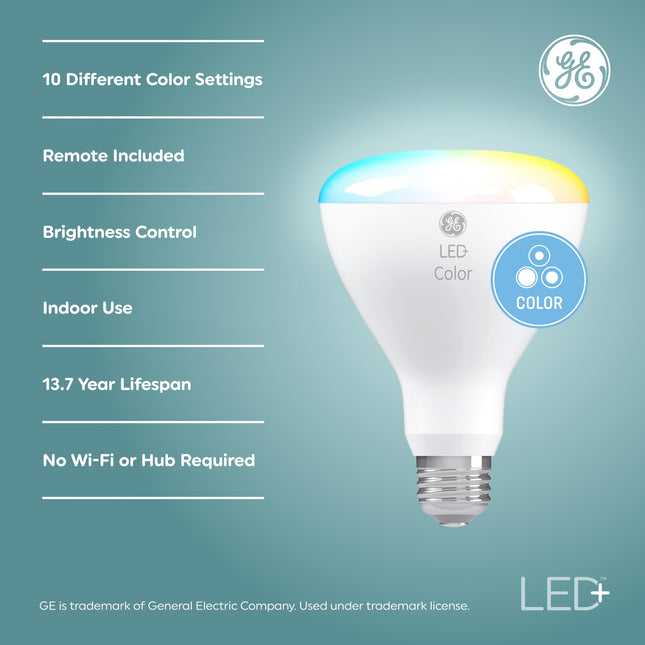 Bombilla de proyector interior de cambio de color GE LED+, 18 colores y 5 modos de luz, no requiere aplicación ni Wi-Fi, control remoto incluido, bombilla de proyector interior BR30 (paquete de 3)