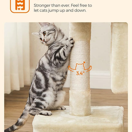 Feandrea Cat Tree Tower, 84 cm, L, Condo for Large Cats up to 16 lb, Large Perch, 2 Caves, Scratching Post, Beige UPCT61M