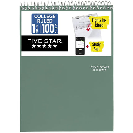 Cahier Five Star Top Spiral + application d'étude, 1 matière, ligné, 21,6 x 27,9 cm, 100 feuilles, anti-bavure d'encre, couverture résistante à l'eau, vert écume (820058C-ECM)