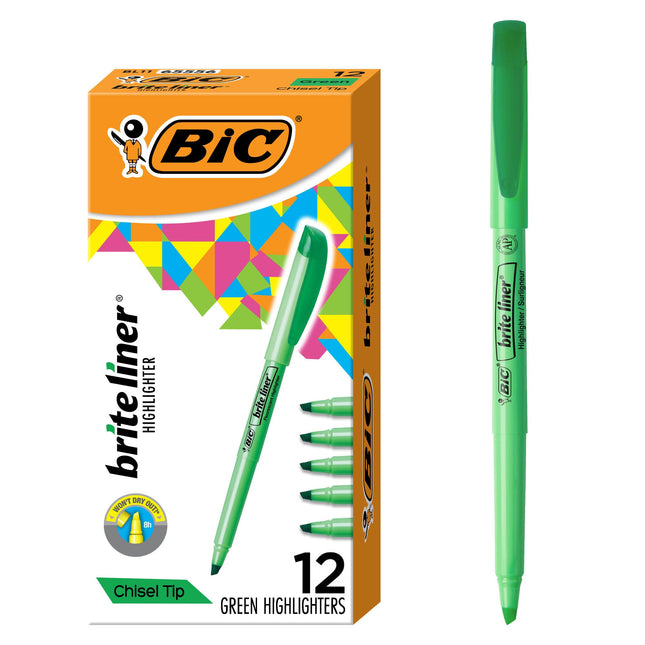 BIC Brite Liner Highlighter, Chisel Tip, Green, 12
