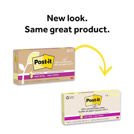 Post-it 100% Recycled Paper Super Sticky Notes, 2X The Sticking Power, 3x3 in, 6 Pads/Pack, 70 Sheets/Pad, Canary Yellow(R330R-6SSCY)