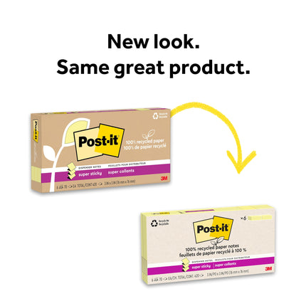 Post-it Notas Super Adhesivas de Papel 100% Reciclado, 2 veces la capacidad de adherencia, 7.6 x 7.6 cm, 6 blocs/paquete, 70 hojas/bloc, Amarillo Canarias (R330R-6SSCY)