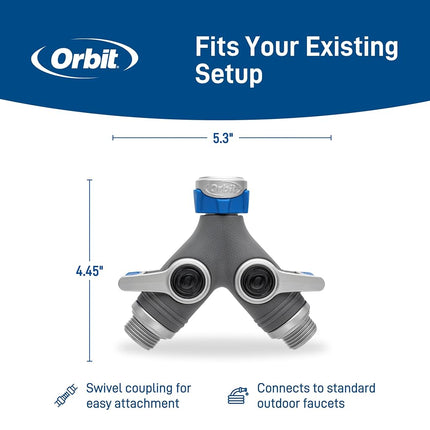 Orbit XL 2-Way Garden Hose Splitter – Dual Valves, Heavy-Duty Zinc Y Connector, Easy-Grip Lever Shut-Off 28294
