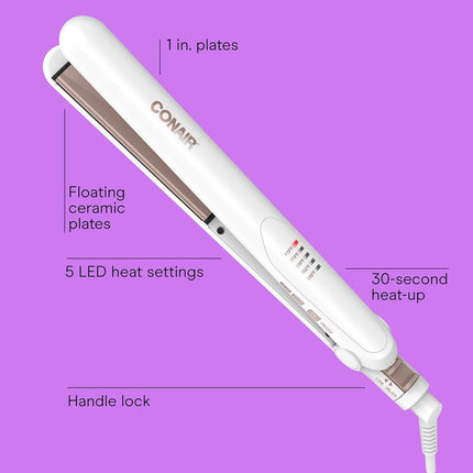 Conair Double Ceramic Flat Iron, 1-Inch Hair Straightener with Claw Clip, Five Heat Settings, Hair Iron with Extra Long Floating Plates, White