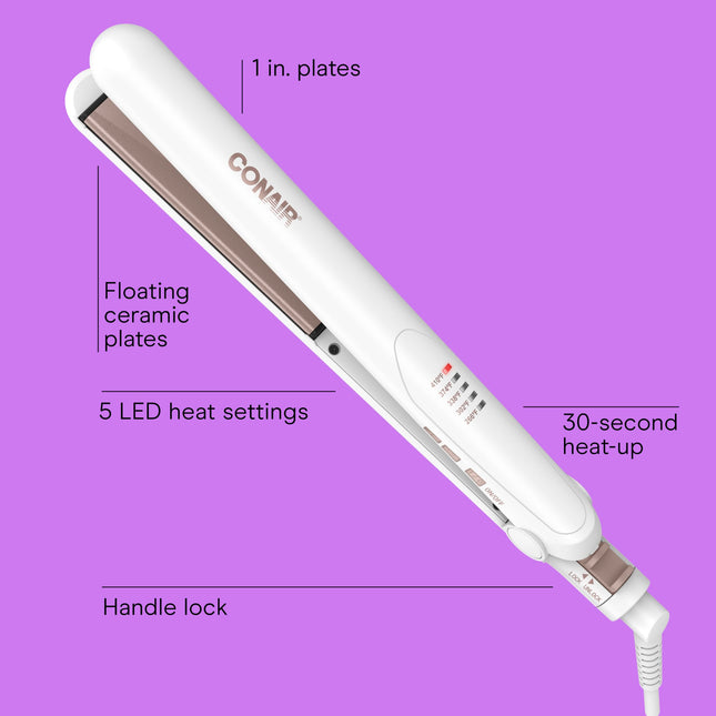 Conair Double Ceramic Flat Iron, 1-Inch Hair Straightener with Claw Clip, Five Heat Settings, Hair Iron with Extra Long Floating Plates, White