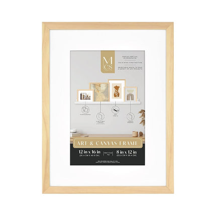MCS Gallery Wooden Frame for Canvas, Art Boards, Photos and more, Natural, 12x16 with 8x12 Mat