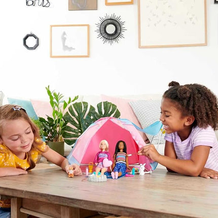 Barbie Dolls & 20 Accessories, It Takes Two Camping Tent Playset with Brooklyn & Malibu, Plus 2 Moving Animals, HGC18