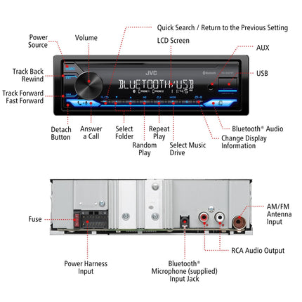 Autoestéreo JVC KD-SX27BT con Bluetooth, receptor de medios digital de 100 W, USB de 1.5 A para cargar dispositivos, unidad principal de un solo DIN, AM/FM, entrada auxiliar, aplicación remota JVC