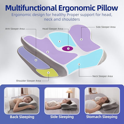 FUNCCUBE Cervical Neck Pillow - Memory Foam Pillows for Pain Relief Sleeping with Cooling Pillowcase, Ergonomic Contour Odorless Bed Pillow for Back Side Shoulder Stomach Sleeper, Queen White