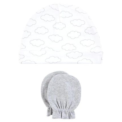 Hudson Baby Unisex Baby Cotton Cap and Scratch Mitten Set, Sunshine and Clouds, 0-6 Months