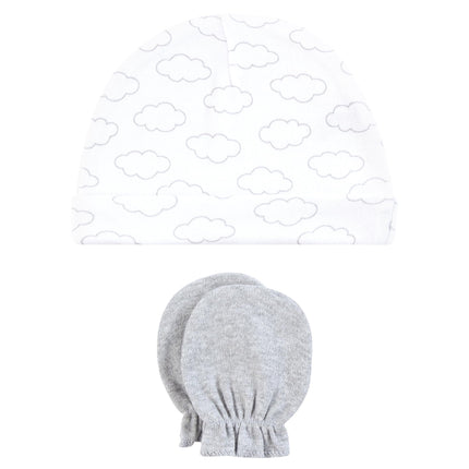 Hudson Baby Unisex Baby Cotton Cap and Scratch Mitten Set, Sunshine and Clouds, 0-6 Months