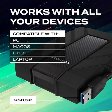 ADATA HD710 Pro 2TB HDD, USB 3.1, IP68 Waterproof/Shockproof/Dustproof Ruggedized External Hard Drive, Black (AHD710P-2TU31-CBK)