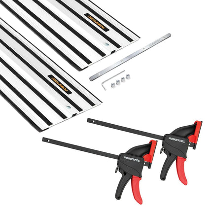 POWERTEC 72199 Kit Rail de guidage et serre-joints de 279,4 cm pour scies plongeantes DeWalt, comprend 2 rails de guidage de 139,7 cm, (1) raccord de rail de guidage et (2) serre-joints à dégagement rapide pour les projets de menuiserie