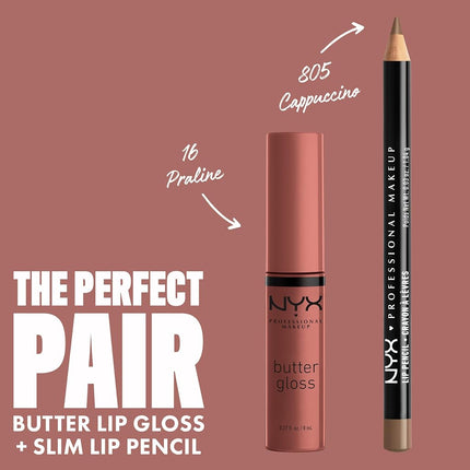 NYX Professional Makeup Butter Gloss, Silky smooth non-sticky formula lip gloss, Praline (Deep Nude), 8mL