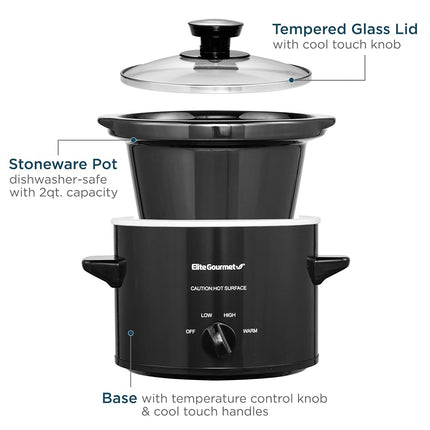Elite Gourmet MST239X Dishwasher-Safe Glass Lid & Ceramic Pot Electric Slow Cooker, AdjCatable Temp, Entrees, Sauces, Stews and Dips, 2 Qt Capacity, Black