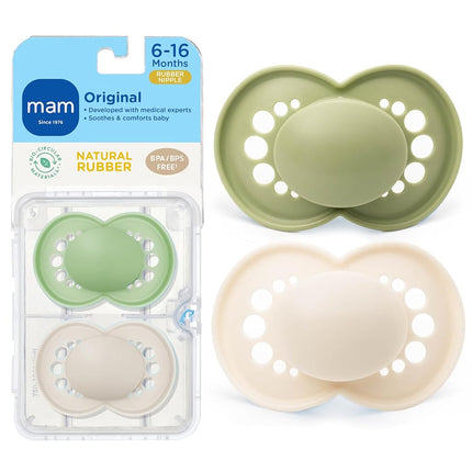 MAM Original Latex Pacifiers, Binky Pacifier for 6-16 Months, Natural Rubber Nipple, Made from Bio-Circular Materials, Easy to Clean, with Sterilizer Case, 2 Count Binkies