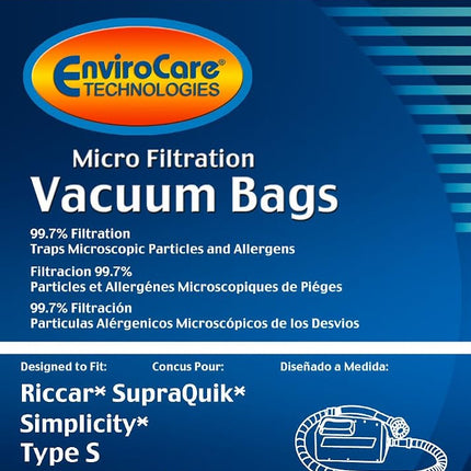 Bolsas para aspiradora EnviroCare, repuesto para Riccar SupraQuik y Simplicity Tipo S y Fastvac, paquete de 6 unidades