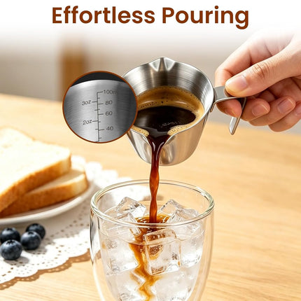 carrottimes 3Pcs Stainless Steel Espresso Cups, Double Spout Metal Espresso Measuring Cup with Handle, Dual Scale Espresso Pouring Cup with V-Shaped Mouth, 3.4oz/100ml (Silver)