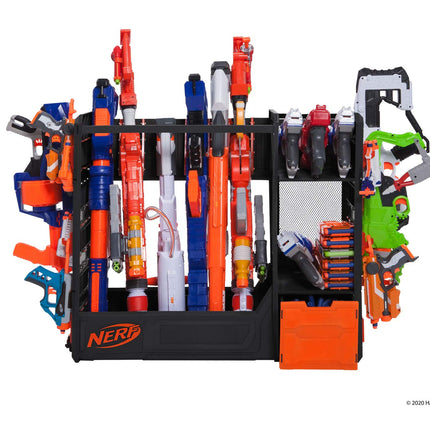 Estante para lanzadores NERF Elite - Almacenamiento para hasta seis lanzadores, incluyendo estantes y cajones para accesorios, naranja y negro - Exclusivo de Amazon