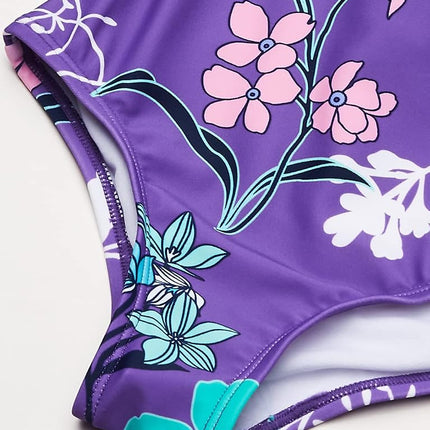 Traje de baño de una pieza con cuello halter deportivo de playa Kanu Surf Jasmine para niñas, Paige Floral Purple, 8