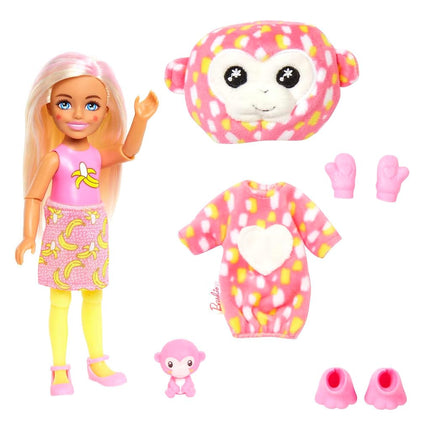 Barbie Small Dolls and Accessories, Cutie Reveal Chelsea Doll with Monkey Plush Costume & 7 Surprises Including Color Change, Jungle Series, HKR14