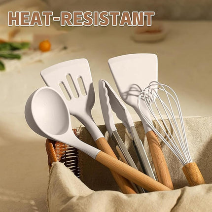 Umite Chef Cooking Utensils Set- Khaki Silicone Kitchen Utensils Set, 34PCS Heat Resistant Kitchen Gadgets Tools Set with Grater, Wooden Handle Kitchen Utensil Spatula Set for Nonstick Cookware