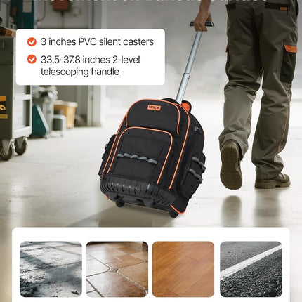VEVOR Rolling Tool Backpack, 110 lbs Load Capacity, 45 Pockets Heavy Duty Roller Tool Bag on Wheels, Adjustable Telescoping Handle & Stable Base, Toolbag Organizers for Construction, Mechanic