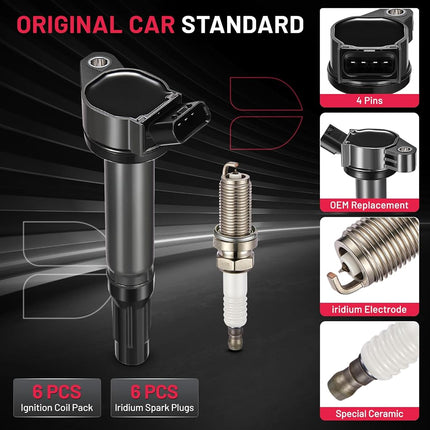 BDFHYK Ignition Coil Pack UF487 and Iridium Spark Plug 6619 Compatible with Toyota RAV4 09-18 Camry 10-17 Highlander 09-19 Sienna 11-13 Venza 09-15 Toyota Oem Coil Pack 2.5L 2.7L l4 Set of 6